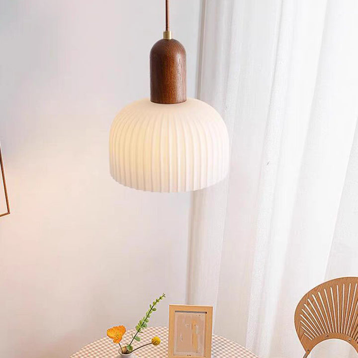 Traditional French Ripple Glass Semicircle Shade Solid Wood 1-Light Pendant Light For Living Room