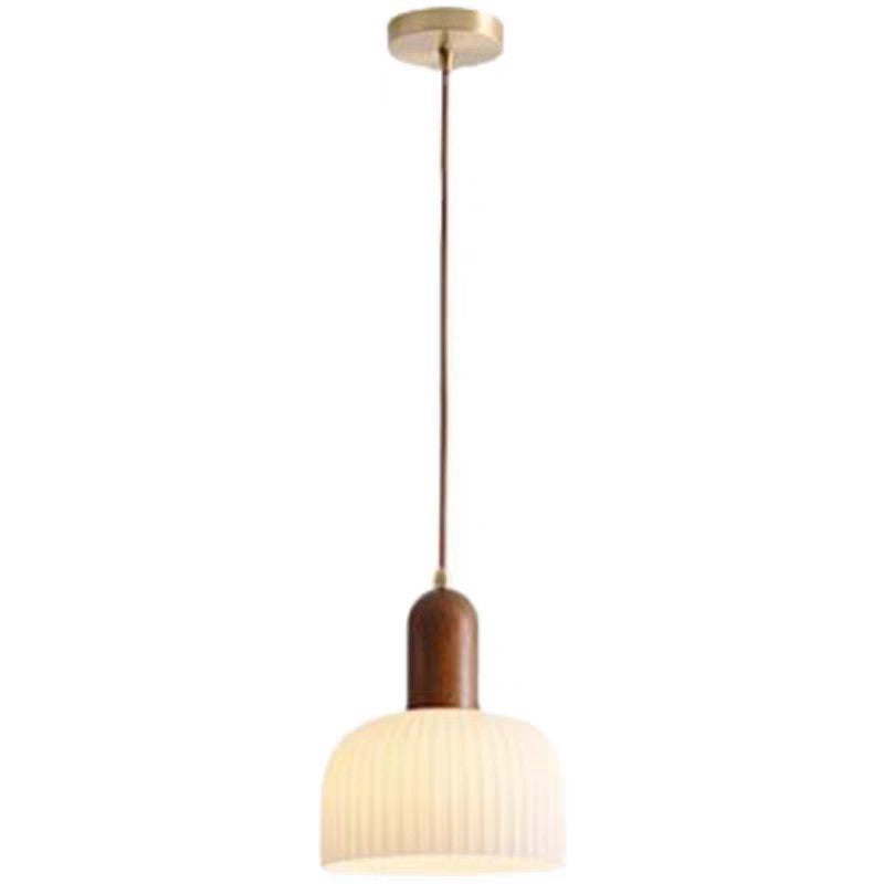 Traditional French Ripple Glass Semicircle Shade Solid Wood 1-Light Pendant Light For Living Room