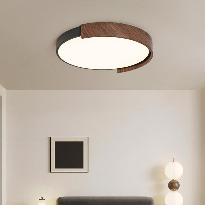 Luz de techo LED empotrada con pantalla redonda de PVC con acabado de grano de madera falso de hierro japonés tradicional para sala de estar 