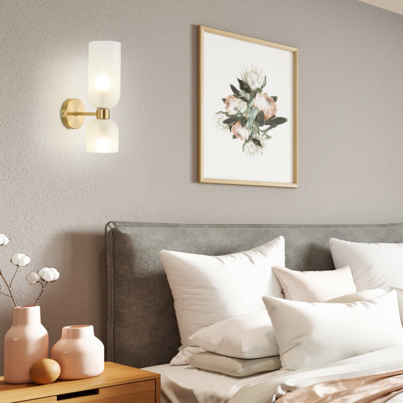 Applique murale 2 lumières en cuivre traditionnel chinois avec abat-jour en verre, éclairage vers le haut et vers le bas, pour chambre à coucher 