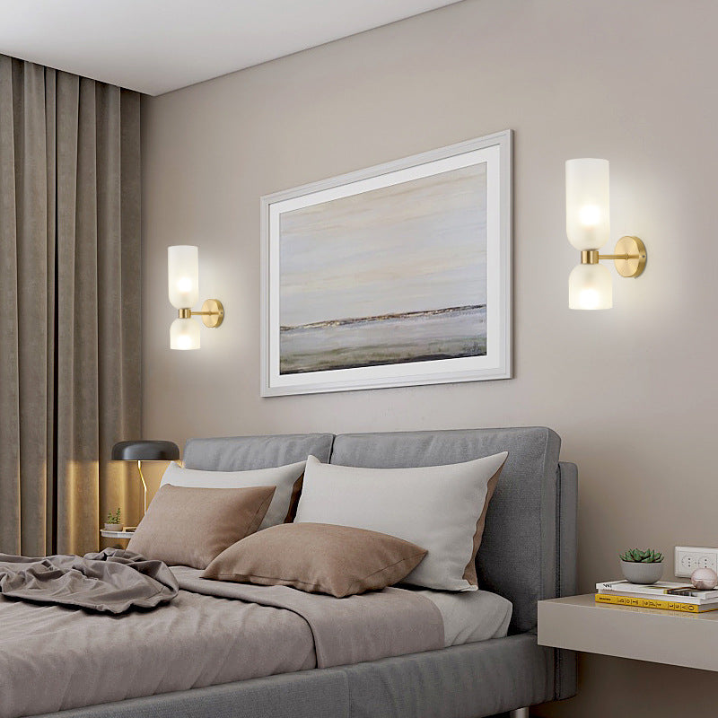 Applique murale 2 lumières en cuivre traditionnel chinois avec abat-jour en verre, éclairage vers le haut et vers le bas, pour chambre à coucher 