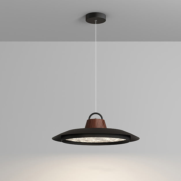 Contemporary Creative Woodgrain Aluminum Flying Saucer Shade LED Pendant Light For Living Room