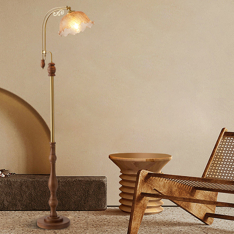 Traditional French Crackled Glass Flower Shade Wood Iron 1-Light Standing Floor Lamp For Bedroom