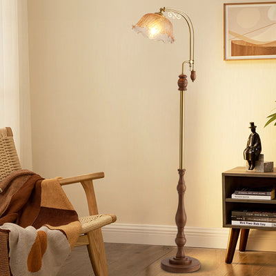 Traditional French Crackled Glass Flower Shade Wood Iron 1-Light Standing Floor Lamp For Bedroom