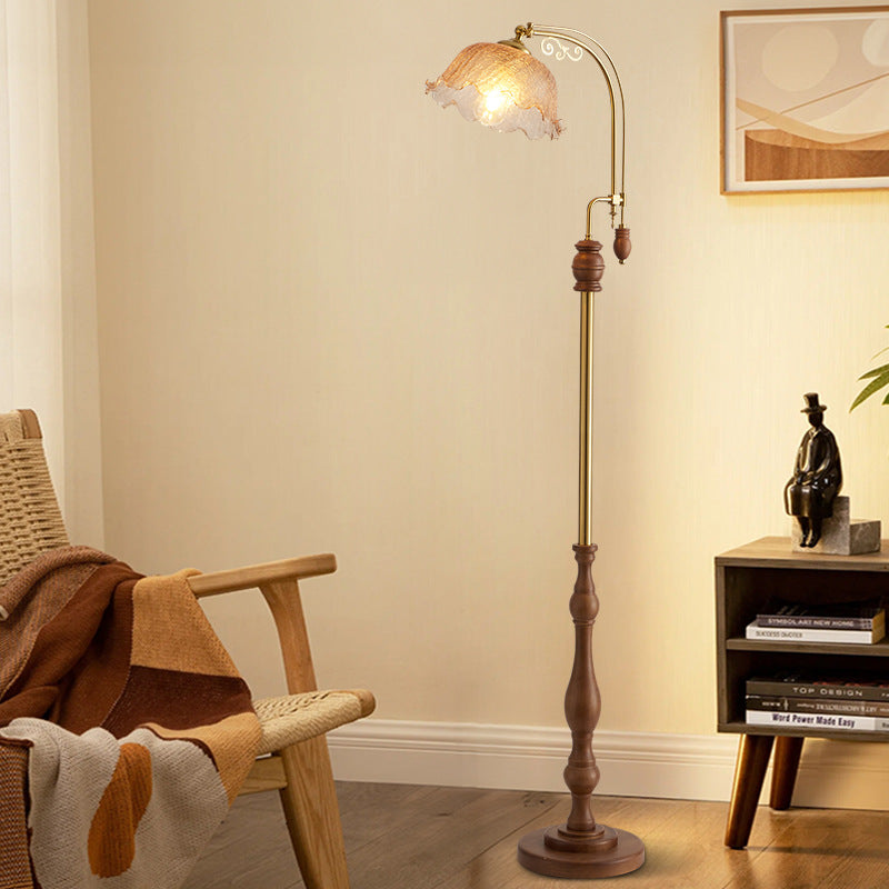 Traditional French Crackled Glass Flower Shade Wood Iron 1-Light Standing Floor Lamp For Bedroom