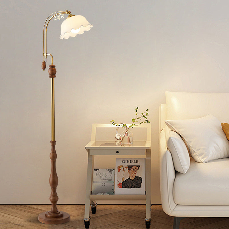 Traditional French Crackled Glass Flower Shade Wood Iron 1-Light Standing Floor Lamp For Bedroom
