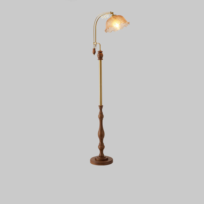 Traditional French Crackled Glass Flower Shade Wood Iron 1-Light Standing Floor Lamp For Bedroom