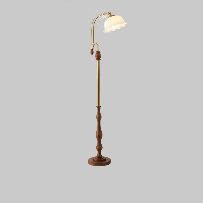 Traditional French Crackled Glass Flower Shade Wood Iron 1-Light Standing Floor Lamp For Bedroom