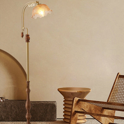 Traditional French Crackled Glass Flower Shade Wood Iron 1-Light Standing Floor Lamp For Bedroom