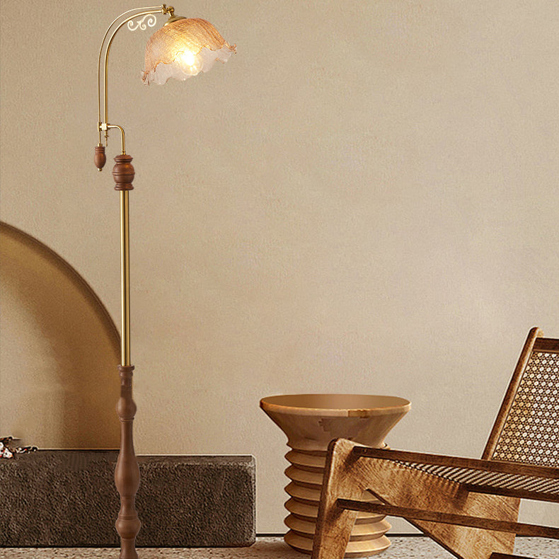 Traditional French Crackled Glass Flower Shade Wood Iron 1-Light Standing Floor Lamp For Bedroom