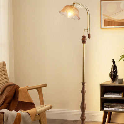 Traditional French Crackled Glass Flower Shade Wood Iron 1-Light Standing Floor Lamp For Bedroom