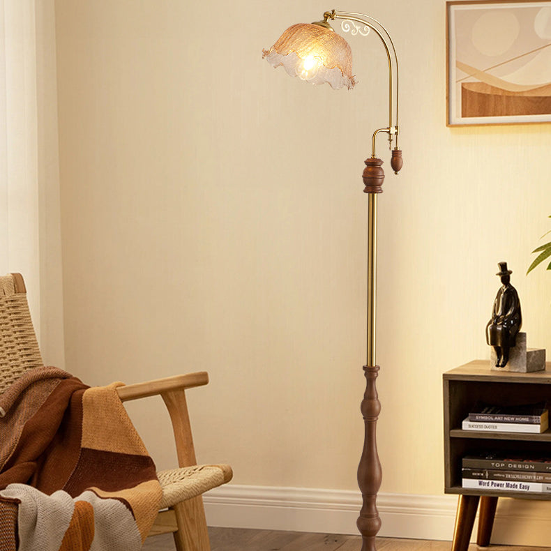Traditional French Crackled Glass Flower Shade Wood Iron 1-Light Standing Floor Lamp For Bedroom