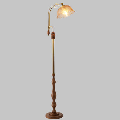 Traditional French Crackled Glass Flower Shade Wood Iron 1-Light Standing Floor Lamp For Bedroom