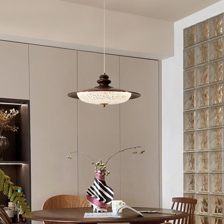 Lámpara colgante LED redonda de acrílico con efecto de madera vintage tradicional para sala de estar 