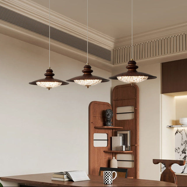 Lámpara colgante LED redonda de acrílico con efecto de madera vintage tradicional para sala de estar 