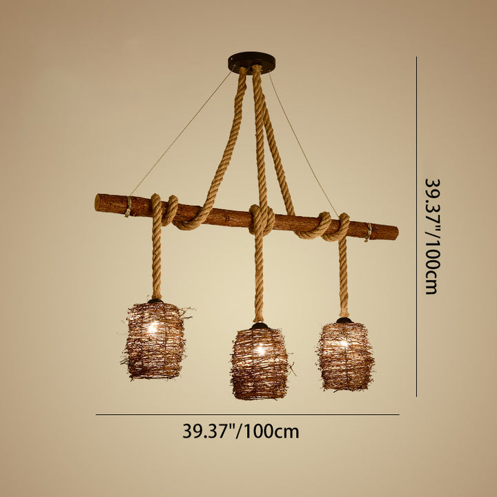 Traditional Rustic Solid Wood Strip Hemp Rope Rattan Weaving Cylinder Shade 3/4-Light Chandelier Island Light For Dining Room