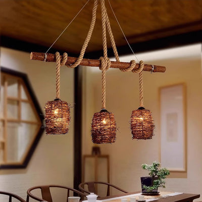 Lustre à 3/4 lumières avec abat-jour cylindrique en bois massif rustique traditionnel, corde de chanvre et tissage de rotin pour salle à manger 