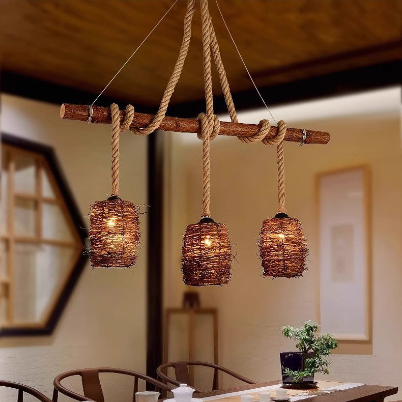 Lustre à 3/4 lumières avec abat-jour cylindrique en bois massif rustique traditionnel, corde de chanvre et tissage de rotin pour salle à manger 