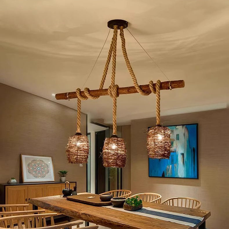 Lustre à 3/4 lumières avec abat-jour cylindrique en bois massif rustique traditionnel, corde de chanvre et tissage de rotin pour salle à manger 