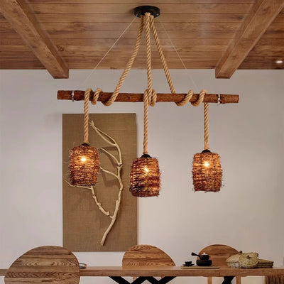 Lustre à 3/4 lumières avec abat-jour cylindrique en bois massif rustique traditionnel, corde de chanvre et tissage de rotin pour salle à manger 