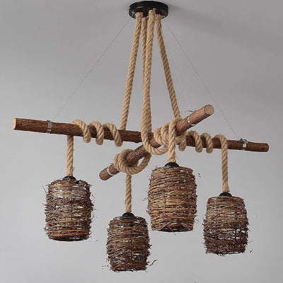 Lustre à 3/4 lumières avec abat-jour cylindrique en bois massif rustique traditionnel, corde de chanvre et tissage de rotin pour salle à manger 