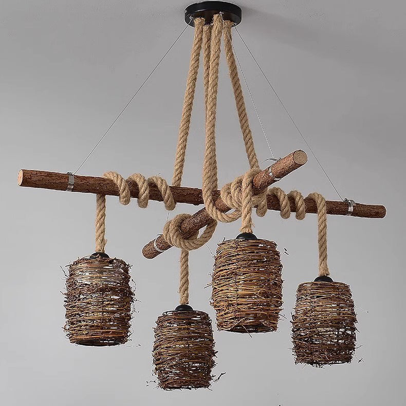 Lustre à 3/4 lumières avec abat-jour cylindrique en bois massif rustique traditionnel, corde de chanvre et tissage de rotin pour salle à manger 