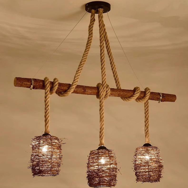 Lustre à 3/4 lumières avec abat-jour cylindrique en bois massif rustique traditionnel, corde de chanvre et tissage de rotin pour salle à manger 