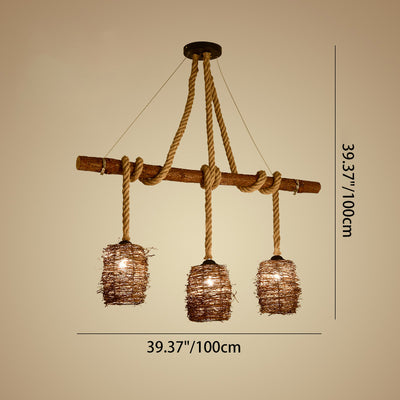 Lustre à 3/4 lumières avec abat-jour cylindrique en bois massif rustique traditionnel, corde de chanvre et tissage de rotin pour salle à manger 
