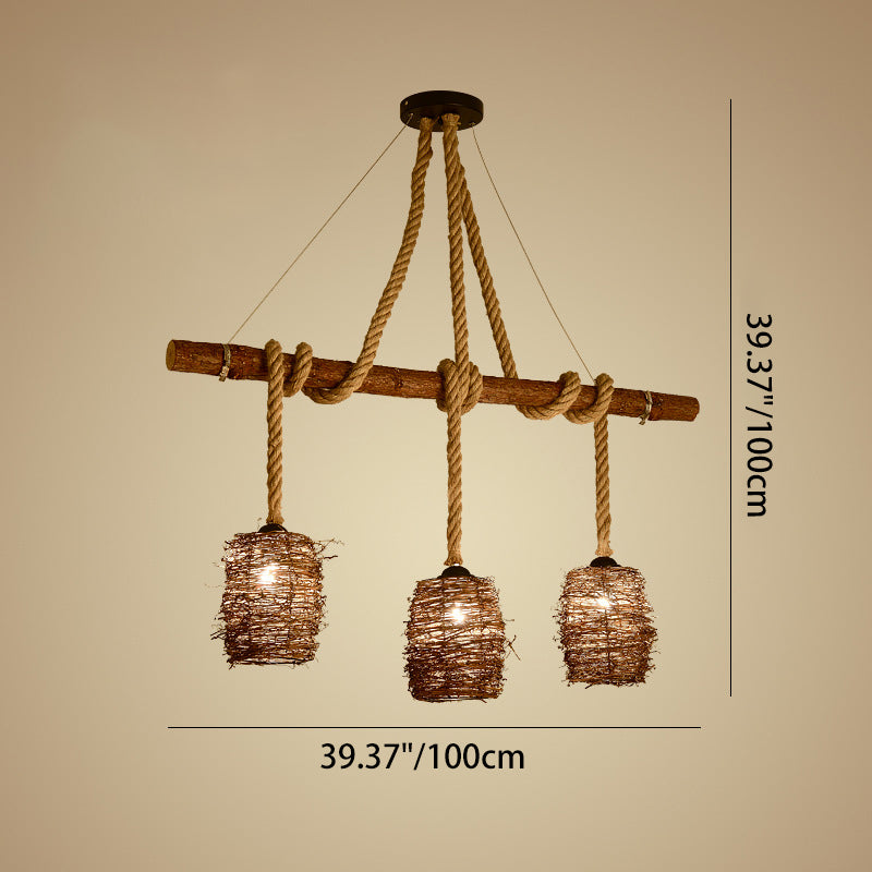 Lustre à 3/4 lumières avec abat-jour cylindrique en bois massif rustique traditionnel, corde de chanvre et tissage de rotin pour salle à manger 