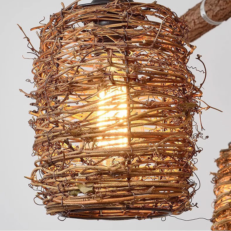 Lustre à 3/4 lumières avec abat-jour cylindrique en bois massif rustique traditionnel, corde de chanvre et tissage de rotin pour salle à manger 