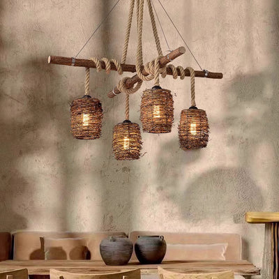 Lustre à 3/4 lumières avec abat-jour cylindrique en bois massif rustique traditionnel, corde de chanvre et tissage de rotin pour salle à manger 