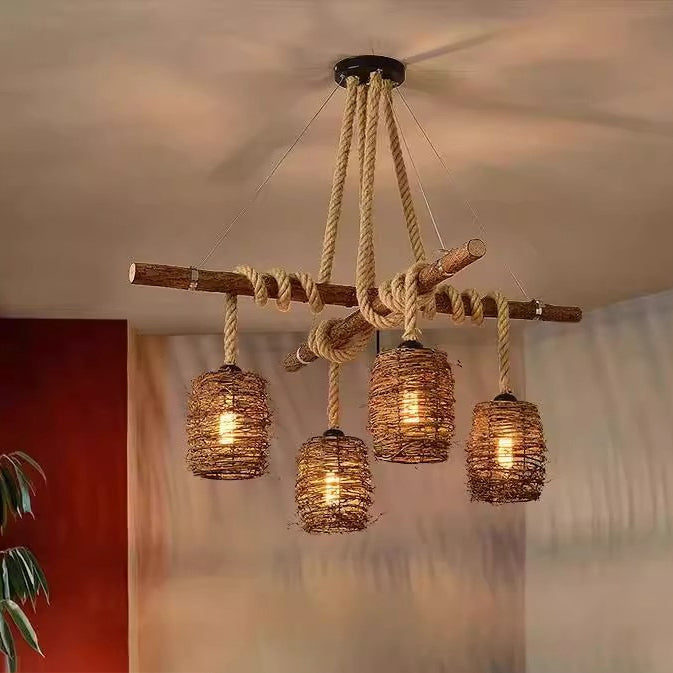 Lustre à 3/4 lumières avec abat-jour cylindrique en bois massif rustique traditionnel, corde de chanvre et tissage de rotin pour salle à manger 