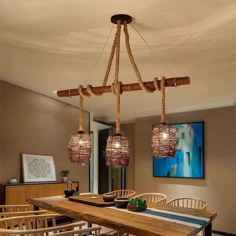 Lustre à 3/4 lumières avec abat-jour cylindrique en bois massif rustique traditionnel, corde de chanvre et tissage de rotin pour salle à manger 