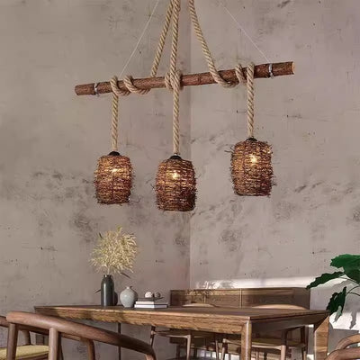 Lustre à 3/4 lumières avec abat-jour cylindrique en bois massif rustique traditionnel, corde de chanvre et tissage de rotin pour salle à manger 