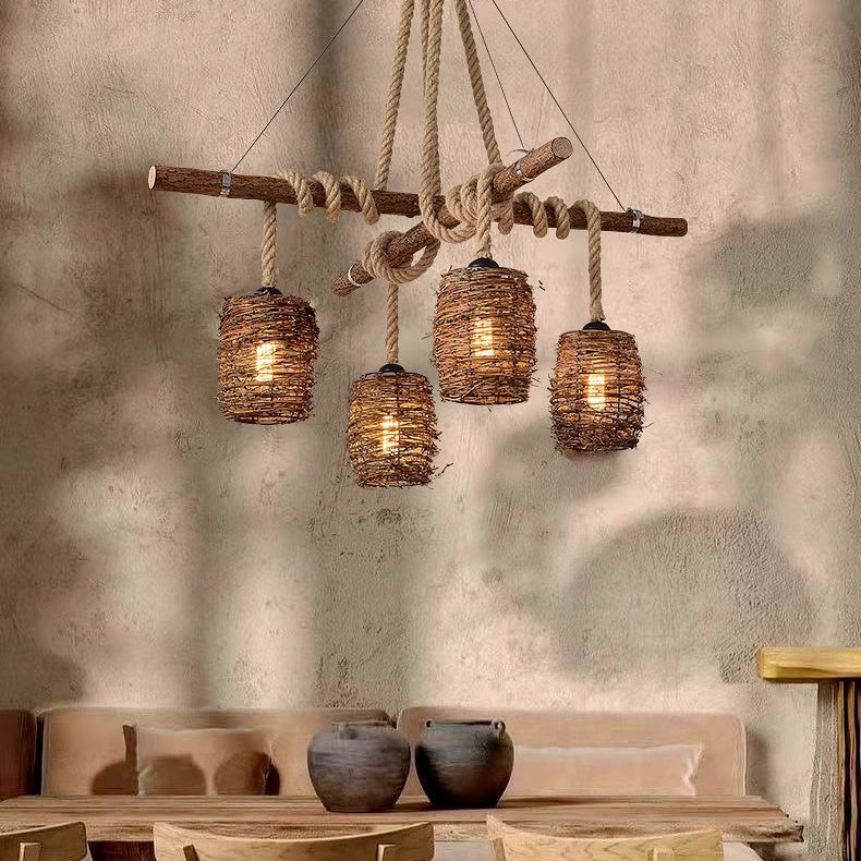 Lustre à 3/4 lumières avec abat-jour cylindrique en bois massif rustique traditionnel, corde de chanvre et tissage de rotin pour salle à manger 
