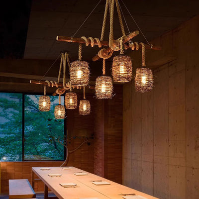 Lustre à 3/4 lumières avec abat-jour cylindrique en bois massif rustique traditionnel, corde de chanvre et tissage de rotin pour salle à manger 