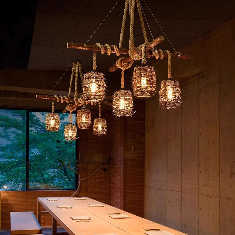 Lustre à 3/4 lumières avec abat-jour cylindrique en bois massif rustique traditionnel, corde de chanvre et tissage de rotin pour salle à manger 