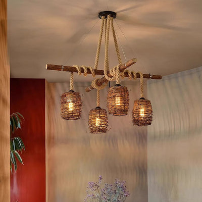 Lustre à 3/4 lumières avec abat-jour cylindrique en bois massif rustique traditionnel, corde de chanvre et tissage de rotin pour salle à manger 