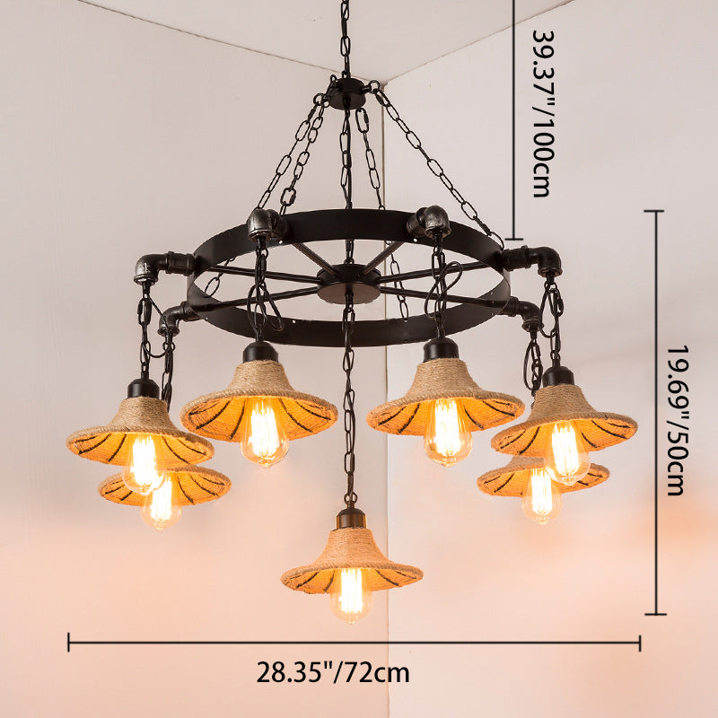 Cadre rond en fer rustique traditionnel avec abat-jour en corde de chanvre tressée 7/9 lumières lustre pour salon 