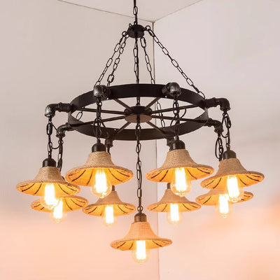 Traditional Rustic Iron Round Frame Hemp Rope Weaving Shade 7/9-Light Chandelier For Living Room