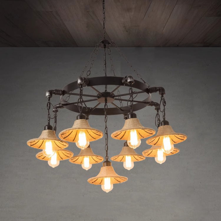 Cadre rond en fer rustique traditionnel avec abat-jour en corde de chanvre tressée 7/9 lumières lustre pour salon 