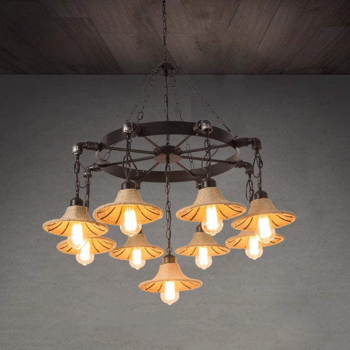 Cadre rond en fer rustique traditionnel avec abat-jour en corde de chanvre tressée 7/9 lumières lustre pour salon 