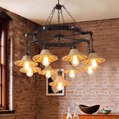 Traditional Rustic Iron Round Frame Hemp Rope Weaving Shade 7/9-Light Chandelier For Living Room