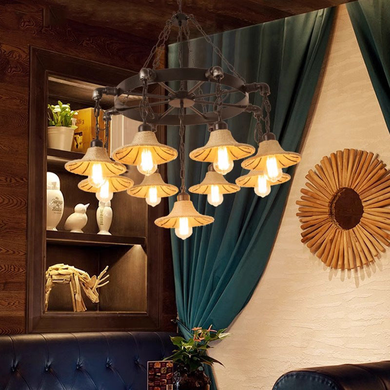 Cadre rond en fer rustique traditionnel avec abat-jour en corde de chanvre tressée 7/9 lumières lustre pour salon 