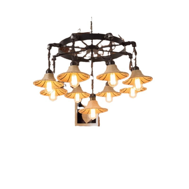 Traditional Rustic Iron Round Frame Hemp Rope Weaving Shade 7/9-Light Chandelier For Living Room
