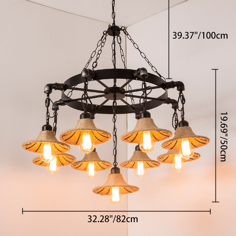 Cadre rond en fer rustique traditionnel avec abat-jour en corde de chanvre tressée 7/9 lumières lustre pour salon 