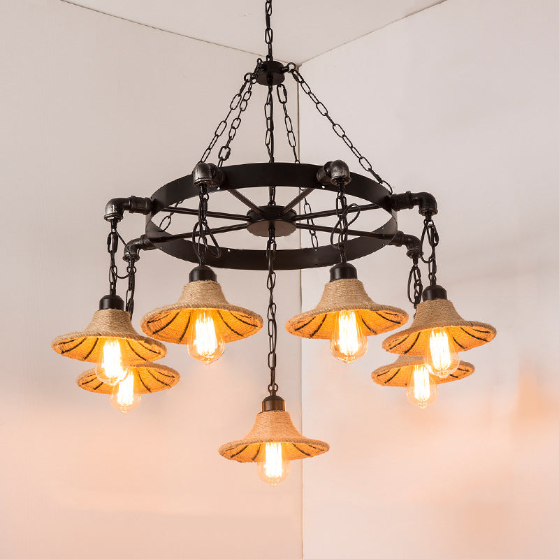 Cadre rond en fer rustique traditionnel avec abat-jour en corde de chanvre tressée 7/9 lumières lustre pour salon 