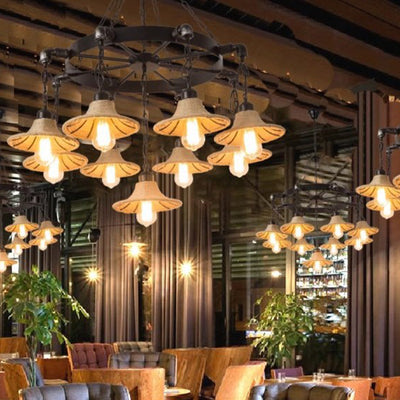 Traditional Rustic Iron Round Frame Hemp Rope Weaving Shade 7/9-Light Chandelier For Living Room