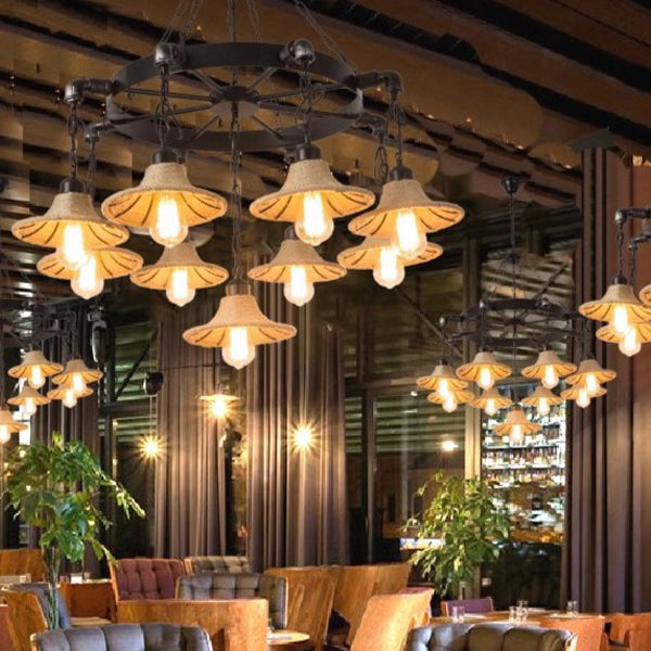 Traditional Rustic Iron Round Frame Hemp Rope Weaving Shade 7/9-Light Chandelier For Living Room