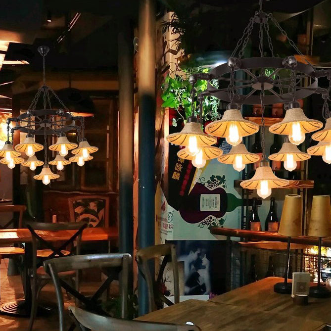 Traditional Rustic Iron Round Frame Hemp Rope Weaving Shade 7/9-Light Chandelier For Living Room